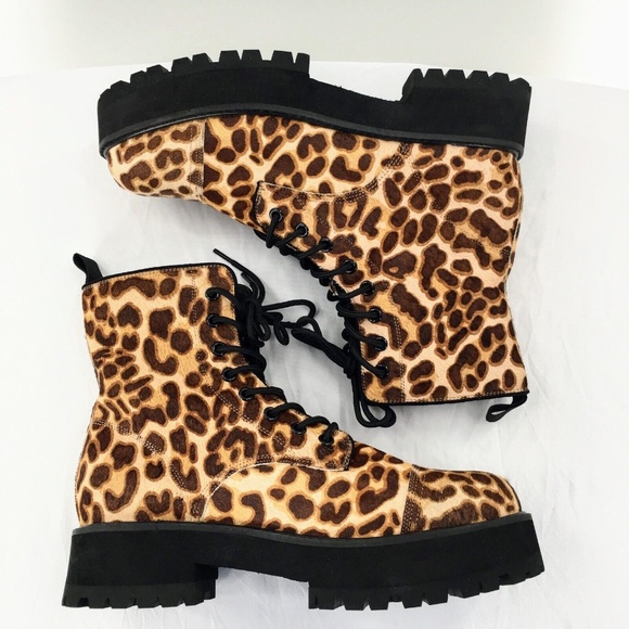 Farylrobin Womens Combat Boot Brown Calf Hair Leopard Print Platform Boot Sz 10 - Picture 6 of 11